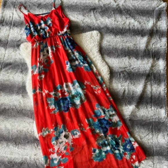 Sienna Sky Dresses & Skirts - Sienna Sky Red Maxi Flowy Spaghetti Strap Dress with Watercolor Floral Detailing